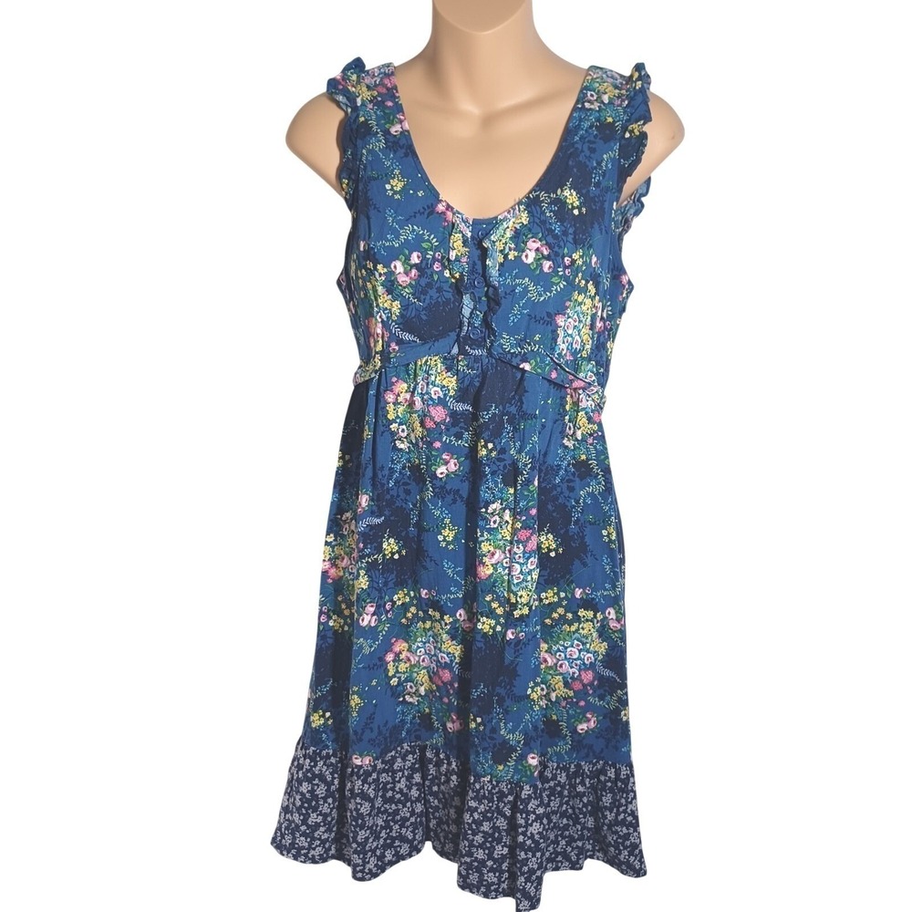 Mossimo Babydoll Blue Floral Ruffle Mini Dress Sleeveless Size M Boho Western